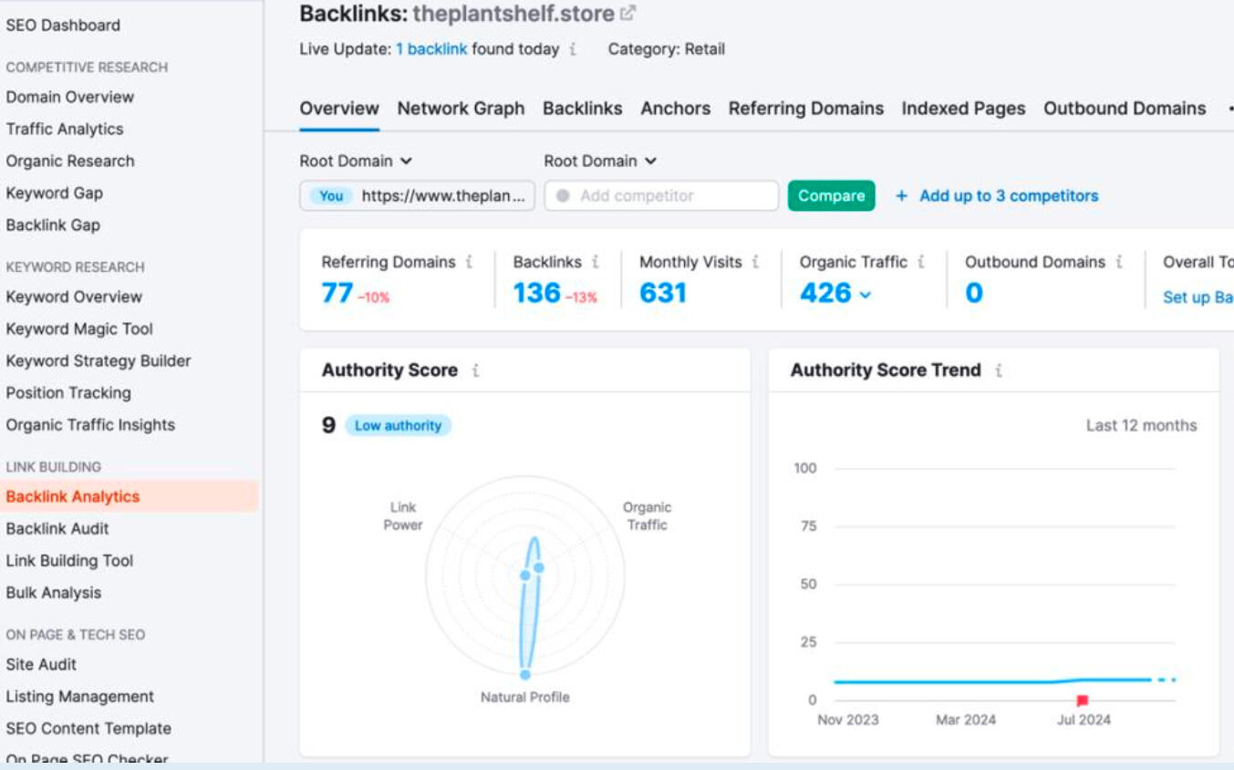 Image of a SEO screen of Google Analytics